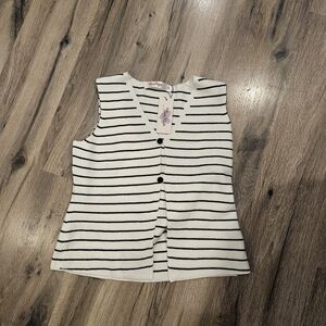 Women's Sleeveless Knit Button Down Shirt - Black and Cream